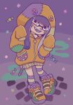  1girl anna_gomesi candy commentary_request facial_mark food full_body highres inkling inkling_girl inkling_player_character long_hair looking_at_viewer multicolored_footwear open_mouth purple_background purple_hair shoes sleeves_past_fingers sleeves_past_wrists smile socks solo splatoon_(series) standing star_(symbol) star_facial_mark striped_clothes striped_socks teeth tentacle_hair 