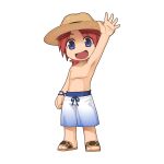  1boy blue_eyes blue_swim_trunks brown_hat chibi full_body hat looking_at_viewer male_focus no_nipples official_art open_mouth ragnarok_online red_hair sandals short_hair simple_background smile solo topless_male transparent_background waving yuichirou 
