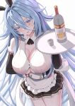  1girl absurdres alcohol alternate_costume animal_ears apron arm_behind_back azur_lane back_bow black_gloves black_skirt blue_eyes blue_hair bottle bow breasts button_gap buttons cleavage collar colored_eyelashes cup detached_collar double-breasted drinking_glass elbow_gloves fake_animal_ears floating_hair frilled_apron frilled_skirt frills from_above gloves hair_between_eyes hair_intakes head_tilt highres holding holding_plate large_breasts light_blue_hair light_blush long_hair looking_at_viewer maid_apron manjuu_(azur_lane) parted_lips plate rabbit_ears rizzy shirt shot_glass sidelocks simple_background skirt sovetsky_soyuz_(azur_lane) sweatdrop thighs very_long_hair vodka white_apron white_background white_bow white_collar white_shirt 