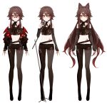  1girl animal_ears asymmetrical_clothes bare_shoulders belt black_jacket black_pants black_shirt boo_tao_(genshin_impact) brown_hair brown_pantyhose cat_ears closed_mouth crop_top detached_sleeves full_body genshin_impact gradient_hair holding hu_tao_(genshin_impact) jacket long_hair long_sleeves looking_at_viewer microphone_stand midriff multicolored_hair multiple_views navel off_shoulder open_clothes open_jacket pants pantyhose pince-nez red_eyes shibuya_(kurokamishain) shirt single_leg_pantyhose single_pantsleg sleeveless sleeveless_shirt smile standing star-shaped_pupils star_(symbol) stomach stomach_tattoo sunglasses symbol-shaped_pupils tachi-e tattoo very_long_hair 