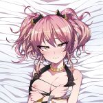  1girl blush breasts choker cleavage dakimakura_(medium) idolmaster idolmaster_cinderella_girls jougasaki_mika looking_at_viewer lying on_back orange_maru pink_hair short_twintails twintails yellow_eyes 