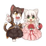  1boy 1girl :3 animal_ears baggy_pants barefoot black_coat black_pants bouquet bow bowtie braid brown_eyes cat_boy cat_ears cat_girl cat_tail chibi coat cone_hair_bun dress fang flower full_body furry furry_female furry_male furry_with_furry gold_trim green_eyes grey_vest groom hair_bun hetero holding holding_bouquet holding_hands long_hair long_sleeves off-shoulder_dress off_shoulder official_art open_mouth pants pink_dress pointing ragnarok_online red_bow red_flower red_rose rose short_sleeves simple_background smile tail tail_armor tail_bow tail_ornament transparent_background twin_braids vest wedding wedding_dress white_bow white_bowtie white_hair yuichirou 