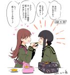  2girls apron bento black_hair blunt_bangs braid brown_hair closed_eyes commentary_request dated green_sailor_collar green_serafuku green_shirt kantai_collection kitakami_(kancolle) kitakami_kai_(kancolle) long_hair mochisaka_mitsuki multiple_girls ooi_(kancolle) ooi_kai_(kancolle) pink_apron sailor_collar school_uniform serafuku shirt single_braid translation_request upper_body 