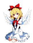  1girl absurdres angel_wings between_legs blonde_hair bow bowtie breasts brown_vest closed_mouth collared_shirt commentary_request feathered_wings frilled_skirt frills gengetsu_(touhou) hair_bow hand_between_legs happy head_tilt highres juliet_sleeves long_sleeves looking_at_viewer medium_hair open_clothes open_vest puffy_sleeves red_bow red_bowtie red_eyes seiza shirt simple_background sitting skirt small_breasts smile solo ssaf52913778 touhou touhou_(pc-98) v_arms vest white_background white_shirt white_wings wings 