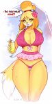 alcohol animal_crossing anthro beach beverage big_breasts breasts canid canine clothing clothing_aside cocktail cocktail_glass container cup drinking_glass female flower glass glass_container glass_cup hi_res isabelle_(animal_crossing) mammal nintendo palm_tree plant sea sofit solo summer summer_scorch swimwear swimwear_aside tree water yellow_body