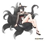  1girl alternate_hair_color animal_ear_fluff animal_ears ankle_bell arm_support bare_legs black_bow black_dress black_footwear black_hair black_sleeves black_tail blue_eyes bow breasts cleavage cleavage_cutout closed_mouth closers clothing_cutout copyright_name dress fingernails floating_hair fox_ears fox_girl fox_tail full_body hair_bow hand_up high_heels highres kitsune knee_up kyuubi layered_dress logo long_fingernails long_hair long_sleeves looking_at_viewer low_twintails medium_breasts multiple_tails official_art see-through see-through_sleeves seulbi_lee sitting sitting_on_tail smile smirk solo tachi-e tail twintails two-tone_dress very_long_hair wedge_heels white_background white_dress 