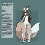 1:1 absurd_res anthro antlers brown_body brown_fur brown_hair canid canine chai_(starrydraco) collar collar_tag cross-eyed digital_media_(artwork) english_text flat_chested fur genitals girly hair hi_res horn long_ears long_hair long_tail male mammal mint_fur model_sheet nude penis shaded simple_background simple_shading solo starrydraco stats tail text therrigon thick_thighs tongue tongue_out wide_hips wings