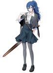  1girl alternate_costume alternate_hairstyle ameno_(a_meno0) black_capelet black_footwear blue_eyes blue_hair blue_skirt capelet closed_mouth collarbone collared_shirt falchion_(fire_emblem) fire_emblem fire_emblem_awakening full_body grey_pantyhose hair_between_eyes highres long_hair looking_at_viewer lucina_(fire_emblem) pantyhose ponytail shirt shoes simple_background skirt sleeves_rolled_up smile solo suspenders sword weapon white_background white_shirt 