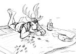 2024 anthro antlers black_and_white deer deer_admiral_(hladilnik) hi_res hladilnik horn legs_up lying male mammal map model_ship monochrome on_front sketch solo