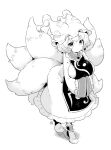  1girl breasts closed_mouth commentary_request dress fox_tail full_body greyscale hat large_breasts long_sleeves looking_at_viewer mob_cap monochrome multiple_tails short_hair simple_background solo tabard tail tanasuke touhou yakumo_ran 