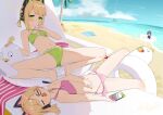  4girls absurdres animal_ear_headphones animal_ears aris_(blue_archive) beach blonde_hair blue_archive blush breasts cameltoe cloud collarbone fake_animal_ears game_console headphones highres innertube long_hair lying marshal_(artist) midori_(blue_archive) momoi_(blue_archive) multiple_girls navel ocean one-piece_swimsuit open_mouth palm_tree sleeping small_breasts stomach sunglasses swim_ring swimsuit thighs tree water yuzu_(blue_archive) 