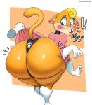 anthro big_butt breasts butt clothing domestic_cat felid feline felis female gloves handwear hi_res huge_butt lilly_(vimhomeless) mammal orange_body panties shirt solo tail thedeathcrow05 thick_thighs topwear underwear