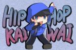  1girl arm_up azukilib baseball_cap black_hair black_hat black_pants blue_background blue_eyes blue_ribbon blue_sweater chibi chibi_only commentary_request drawstring drop_shadow english_text flat_chest full_body grey_footwear hair_ribbon hand_up hat holding holding_microphone hood hood_up hooded_sweater leaning_forward legs_apart link!_like!_love_live! long_hair long_sleeves looking_at_viewer love_live! microphone mixed-language_text murano_sayaka music open_mouth outstretched_arm pants pocket ribbon romaji_text shoes sidelocks singing solo standing sweater text_background text_focus track_pants translation_request twintails 