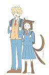  1boy 1girl afterimage animal_ears backpack bag black_socks blazer blonde_hair blue_jacket blue_pants blue_skirt bob_cut brown_footwear brown_hair cardigan cat_ears cat_tail chaksilman closed_eyes collared_shirt dog_ears ear_down excited extra_ears facing_viewer hands_up happy height_difference highres holding_strap iwakura_mitsumi jacket kemonomimi_mode kneehighs loafers long_sleeves looking_at_viewer messy_hair necktie open_mouth pants pleated_skirt red_necktie shima_sousuke shirt shoes short_hair side-by-side simple_background sketch skip_to_loafer skirt socks standing tail tail_wagging white_background white_shirt yellow_cardigan 
