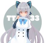  1girl b6 bangs blush bow breasts buttons dress girls_frontline glasses gloves hair_bow long_hair medium_breasts orange_eyes partially_fingerless_gloves pinstripe_pattern puffy_short_sleeves puffy_sleeves ribbon short_sleeves silver_hair smile solo striped tokarev_(girls_frontline) very_long_hair 