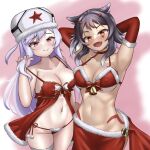  absurdres alternate_costume ash_arms blush breasts brown_eyes cleavage closed_mouth detached_sleeves fang grey_hair hair_ornament hat highres kv-1_(ash_arms) looking_at_viewer m10_(ash_arms) navel no_panties panties red_eyes reij_dddn santa_costume simple_background smile underwear 