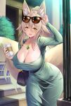  1girl blonde_hair blush breasts cleavage commission covered_navel cup dress emanon123 eyewear_on_head fox_girl fox_tail green_dress hand_up highres holding holding_cup jewelry large_breasts long_hair long_sleeves looking_at_viewer multiple_tails necklace open_mouth original outdoors skeb_commission smile solo sunglasses tail yellow_eyes 