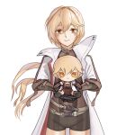  1girl absurdres blonde_hair blush brown_shorts coat english_commentary fumo_(doll) girls&#039;_frontline girls&#039;_frontline_2:_exilium giving hair_between_eyes highres incoming_gift long_hair looking_at_viewer orange_eyes ots-14_(girls&#039;_frontline) shorts simple_background smile solo straight-on user_wpxf4484 white_background white_coat 