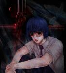  1other abstract_background black_eyes blue_hair glasses highres horror_(theme) necktie original pants shirt sitting solo yada_y4 