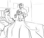 anthro bedding bedroom_eyes blanket breakfast_in_bed canid canine canis domestic_dog duo feederism hand_on_belly male male/male mammal mikalapine monochrome narrowed_eyes pillow seductive simple_background slightly_chubby slightly_chubby_male weight_gain