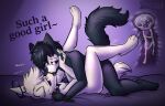 absurd_res anthro bed black_body black_fur black_hair black_sclera blue_sclera bodily_fluids canid canine collar cum cum_inside dog_tags duo fox french_kissing from_front_position fur furniture genital_fluids good_girl hair halo hi_res hima_nsfw internal kissing leash male male/male mammal mating_press on_bed sex white_body white_eyes white_fur white_hair