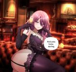  absurdres bar_(place) breasts cleavage cup d.d.g_(ddg3420) drinking_glass highres honkai:_star_rail honkai_(series) jade_(honkai:_star_rail) large_breasts lingerie mature_female pink_hair self-upload thighs underwear wine_glass 