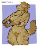  2021 anthro big_breasts big_butt blonde_hair breasts brown_body brown_fur brown_nipples brown_nose butt curvy_figure eyes_closed female fluffy fluffy_tail fur gnoll hair hi_res huge_breasts hyaenid mammal mane nipples pubes ria_(gnoll) simple_background smile solo stretching thatsexdog thick_thighs voluptuous wide_hips 