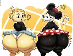 anthro big_butt black_body black_eyes bottomwear butt clothing cuphead_(game) disney duo female hat headgear headwear hi_res huge_butt mammal minnie_mouse mouse ms._chalice murid murine panties rear_view rodent skirt smile tail thedeathcrow05 underwear