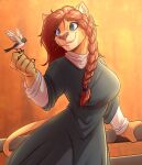 absurd_res avian bird blue_eyes braided_hair braided_ponytail brown_hair clothing felid female frock hair hi_res lion mammal on_finger orange_background pantherine ponytail simple_background witchtaunter