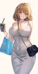  1girl absurdres anis_(nikke) bag bare_shoulders breasts brown_eyes brown_hair cleavage commentary_request covered_navel cowboy_shot cup disposable_cup dress drinking_straw goddess_of_victory:_nikke grey_dress grin handbag head_tilt highres holding holding_cup jewelry large_breasts looking_at_viewer pendant shopping_bag short_hair sleeveless sleeveless_dress smile solo spaghetti_strap standing xia_0328 