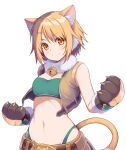  1girl animal_ear_fluff animal_ears bangs bare_shoulders bell belt big_wednesday bikini blonde_hair blush breasts brown_belt cat_ears cat_paws cat_tail cleavage closed_mouth cowboy_shot eyebrows_visible_through_hair fur-trimmed_gloves fur_collar fur_trim gloves green_bikini groin hair_between_eyes hair_ornament hairclip highleg highleg_bikini highres hiyori_(princess_connect!) jingle_bell looking_at_viewer medium_breasts midriff navel open_clothes open_vest paw_gloves paws princess_connect! princess_connect!_re:dive short_hair shorts sidelocks simple_background smile solo standing swimsuit symbol_commentary tail vest white_background yellow_eyes yellow_shorts yellow_vest 