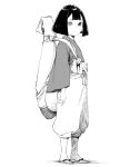  1girl biwa_(heike_monogatari) bob_cut child from_side greyscale heike_monogatari heterochromia highres instrument instrument_on_back japanese_clothes long_sleeves looking_at_viewer looking_to_the_side monochrome pants sandals simple_background solo standing takuan_(takuanlunch) wide_sleeves zouri 