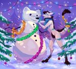 christmas christmas_lights hi_res holidays king_chulapa male outside plant pur-fox scarf sergal smile snow snowman solo tinsel tree