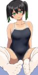  1girl absurdres bare_shoulders black_one-piece_swimsuit blush breasts collarbone commentary_request ereka feet furrowed_brow gradient_hair green_eyes green_hair hair_between_eyes highres looking_down love_live! love_live!_nijigasaki_high_school_idol_club multicolored_hair one-piece_swimsuit short_hair sidelocks small_breasts solo sweatdrop swimsuit takasaki_yu tan tanlines thighhighs twintails wavy_mouth white_background white_thighhighs 