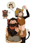  1boy 1girl animal_ears arm_up armor arrow_(symbol) bare_shoulders beard black_hair body_fur brown_skirt cat_ears cat_girl cat_tail commentary cosplay costume_switch covered_mouth cowboy_shot crop_top cutystuffy dungeon_meshi dwarf english_commentary facial_hair fake_horns flip-flops fur_trim hair_slicked_back helmet highres horned_helmet horns imagining inutade izutsumi leather_armor long_beard looking_up midriff mustache oni red_scarf sandals scarf senshi_(dungeon_meshi) short_hair simple_background skirt sleeveless spoken_character tail thought_bubble white_background 