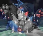 animal_genitalia animal_penis anthro anus balls black_body black_fur blue_body blue_fur blush canine_genitalia canine_penis chest_spike condom condom_in_mouth erection front_view fur gaping gaping_anus generation_4_pokemon genitals glistening glistening_eyes hi_res knot lucario male mouth_hold narrowed_eyes nintendo object_in_mouth papayafurry pawpads penis pink_pawpads pokemon pokemon_(species) red_eyes red_penis sexual_barrier_device sheath solo spikes spikes_(anatomy) spread_legs spreading unused_condom wrapped_condom