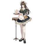 1girl apron bag black_dress black_footwear bonnet bridal_garter brown_bag brown_eyes brown_hair closed_mouth cup dress full_body girls&#039;_frontline green_hair green_necktie hair_between_eyes handbag highres holding holding_cup holding_tray long_hair looking_at_viewer m4a1_(fluffy_fruit_tea)_(girls&#039;_frontline) m4a1_(girls&#039;_frontline) maid maid_apron mary_janes multicolored_hair necktie official_alternate_costume official_art pantyhose puffy_sleeves shoes short_necktie simple_background smile solo standing streaked_hair table teacup teapot third-party_source transparent_background tray umo_(mica_team) white_apron white_pantyhose 