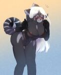 anthro big_breasts blush breasts claire_geist clothing female grey_body hair hi_res horn hybrid long_hair raccoon_tail solo st.amnesier surprise thick_thighs wardrobe_malfunction white_hair