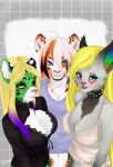  2024 anthro big_breasts blonde_hair blue_eyes breasts calico_pattern cherry_(racerdragon) cleavage_cutout clothed clothing clouded_leopard collar cutout digital_media_(artwork) ear_tuft felid feline fur green_eyes group hair hi_res highlights_(coloring) koli_lass lips looking_at_viewer lynx mammal medium_breasts multicolored_body multicolored_fur no_bra pantherine pine_(racerdragon) pink_lips pink_nose pink_tongue purple_highlights signature skimpy spots stripes tiger tongue trio tuft vala_(fzzr) yellow_eyes 