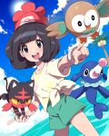  1girl :d alolan_exeggutor beanie black_hair blurry blurry_background bracelet cloud commentary_request day green_shorts happy hat highres jewelry litten nashirasauce open_mouth outdoors pointing pokemon pokemon_(creature) pokemon_sm popplio red_hat rowlet selene_(pokemon) shirt short_sleeves shorts sky smile starter_pokemon_trio t-shirt teeth tied_shirt upper_teeth_only water yellow_shirt 