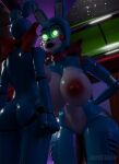 3d_(artwork) anthro big_breasts black_lips black_nose blender_(artwork) blue_body bonnie_(fnaf) bonnie_(psychojohn2) bow_tie breasts cheek_dots digital_media_(artwork) duo female female/female five_nights_at_freddy&#039;s five_nights_at_freddy&#039;s_2 glowing glowing_eyes hi_res lagomorph leporid lips lordchica_(artist) mammal nipples rabbit rabbit_ears scottgames size_difference thick_lips toy_bonnie_(fnaf)