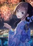  1girl :d absurdres aerial_fireworks back_bow bag blue_bow blush bow brown_eyes brown_hair city_lights cowboy_shot fireworks fish floating_hair floral_print from_behind goldfish hair_bow hair_bun hand_fan hand_up highres holding holding_bag hominotsu japanese_clothes kimono looking_at_viewer night open_mouth original outdoors paper_fan plastic_bag print_kimono railing short_hair_with_long_locks sidelocks skyline smile solo teeth uchiwa upper_teeth_only white_kimono yukata 