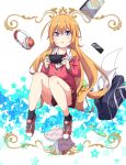 1girl ahoge bag blonde_hair book bow collared_shirt dress_shirt earphones eraser eyebrows_visible_through_hair gabriel_dropout gabriel_tenma_white handheld_game_console highres holding holding_handheld_game_console hood hoodie long_hair looking_at_viewer messy_hair open_book open_mouth paper pen phone plaid plaid_skirt purple_eyes red_bow school_bag shirt shoes skirt sneakers socks solo star_(symbol) starry_background ukami very_long_hair 