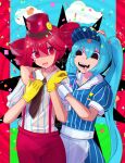  2girls absurdres apron arm_around_neck black_eyes black_necktie blue_hair blue_shirt blue_sky cloud collared_shirt commentary confetti cowboy_shot drill_hair empty_eyes english_commentary flat_chest gloves hat hatsune_miku highres kasane_teto long_hair looking_at_another looking_to_the_side mesmerizer_(vocaloid) mixed-language_commentary multiple_girls necktie open_mouth pants red_eyes red_hair red_hat red_pants shaded_face sharp_teeth shirt short_hair sky smile smiley_face spiral_background striped_clothes striped_shirt suspenders tchairss teeth tongue tongue_out top_hat twin_drills twintails utau very_long_hair visor_cap vocaloid waist_apron white_apron white_shirt wrist_cuffs yellow_gloves 