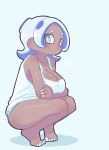  1girl :/ arms_under_breasts bare_legs bare_shoulders barefoot blue_background blue_eyes blue_hair blue_nails blue_shorts blush breasts camisole cleavage closed_mouth collarbone commentary_request crossed_arms dark-skinned_female dark_skin from_side full_body heart hekoningyou_(waraningyou) highres large_breasts looking_at_viewer medium_hair octoling octoling_girl octoling_player_character parted_bangs shorts sideways_glance solo splatoon_(series) squatting suction_cups tentacle_hair v-shaped_eyebrows white_camisole 