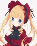  1girl blonde_hair blue_eyes blunt_bangs bonnet capelet expressionless hand_on_own_chest highres lace-trimmed_capelet lace_trim long_hair long_sleeves looking_at_viewer nekomura_yuyuko rozen_maiden shinku solo twintails 