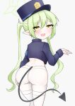  1girl absurdres ass black_hat black_shirt black_tail blue_archive cameltoe chef_rat commentary english_commentary fang green_hair halo hat highres nozomi_(blue_archive) shirt shorts simple_background skin_fang smile solo tail twintails white_background yellow_eyes 