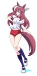  1girl absurdres animal_ears breasts full_body highres horse_ears horse_girl horse_tail mihono_bourbon_(umamusume) ponzu_rui red_shorts shorts silver_hairband smile solo tail umamusume white_background 