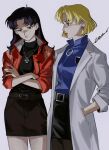  2girls akagi_ritsuko black_pants blonde_hair blue_eyes blush coat cross cross_necklace diamond_earrings earrings high-waist_skirt highres jacket jewelry katsuragi_misato long_sleeves multiple_girls necklace neon_genesis_evangelion open_clothes open_jacket pants puffy_long_sleeves puffy_sleeves purple_hair red_jacket roru_(lol_dessin) skirt white_coat 