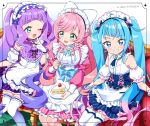  3girls :d alternate_costume apron bare_shoulders blue_bow blue_eyes blue_hair blue_necktie blue_skirt blush bow buttoned_cuffs buttons cake collared_shirt couch cure_majesty cure_prism cure_sky detached_sleeves dress ellee-chan enmaided eye_contact feet_out_of_frame food fork frilled_apron frilled_dress frills gloves gradient_hair green_eyes grin heart heart_hair hirogaru_sky!_precure holding holding_fork holding_plate index_finger_raised inset_border izumi_kirifu juliet_sleeves knees_together_feet_apart legwear_garter long_hair long_sleeves looking_at_another looking_at_viewer magical_girl maid maid_day maid_headdress multicolored_hair multiple_girls necktie nijigaoka_mashiro on_couch one_eye_closed open_mouth pink_dress pink_hair plate precure pretty_series puffy_short_sleeves puffy_sleeves purple_dress purple_hair shirt short_dress short_sleeves sidelocks simple_background sitting skirt sleeve_cuffs smile sora_harewataru strawberry_shortcake striped_clothes striped_dress teeth thighhighs twintails white_apron white_background white_gloves white_shirt white_thighhighs zettai_ryouiki 